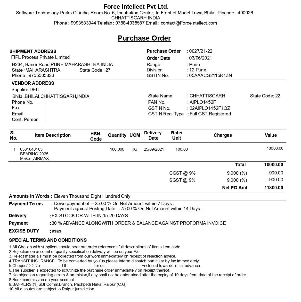 Purchase Order Format New Force Intellect ERP For Manufacturing